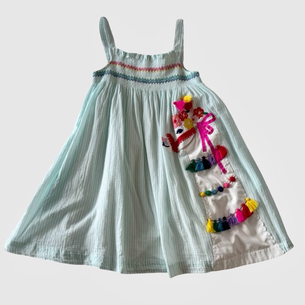 Mini Boden Smocked Stripe Llama Appliqué Dress, Size 7-8 - Picture 3 of 9